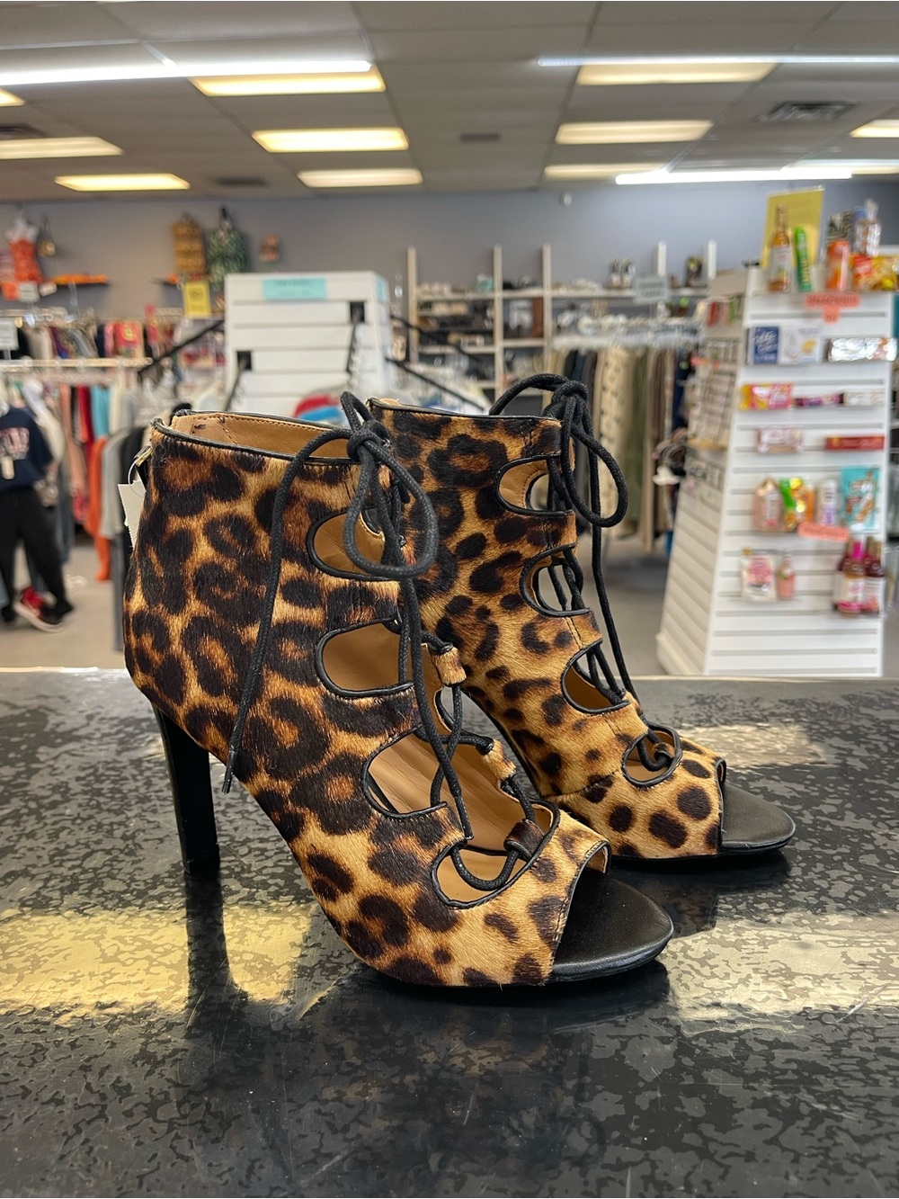 Nine West Leopard Print Lace-Up Peep Toe High Heels